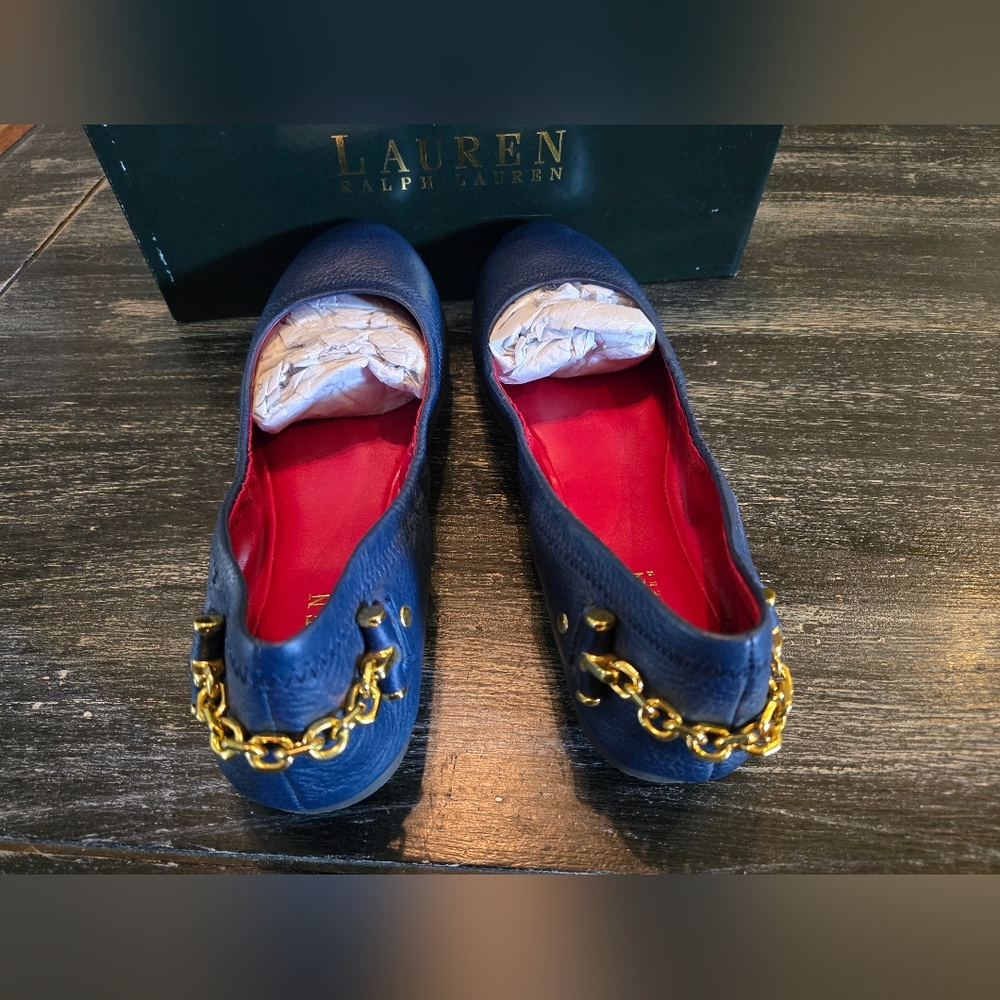 Lauren Ralph Women's Navy Blue Slip-on Leather Ballet Flats - Picture 3 of 5
